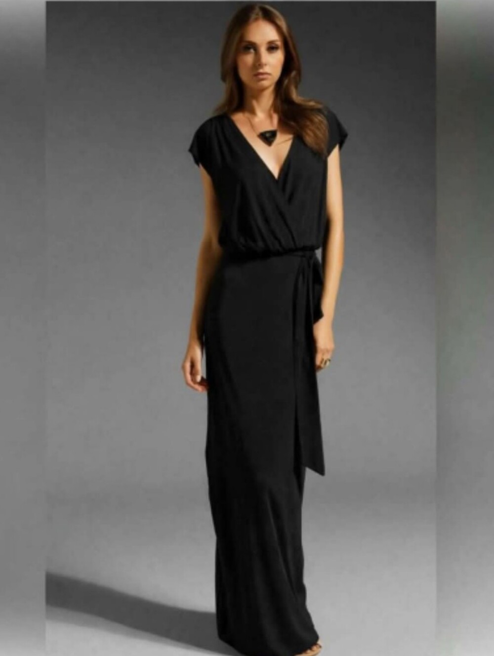 Haute hippie Plunging V-Neck Grecian Slit Cap-Sleeve Maxi Dress Tie Back Goddess